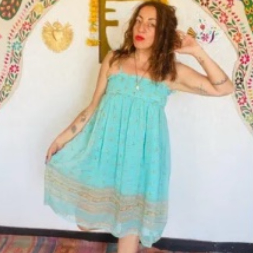 Vintage 90s Turquoise Strapless Dress with Gold Accents